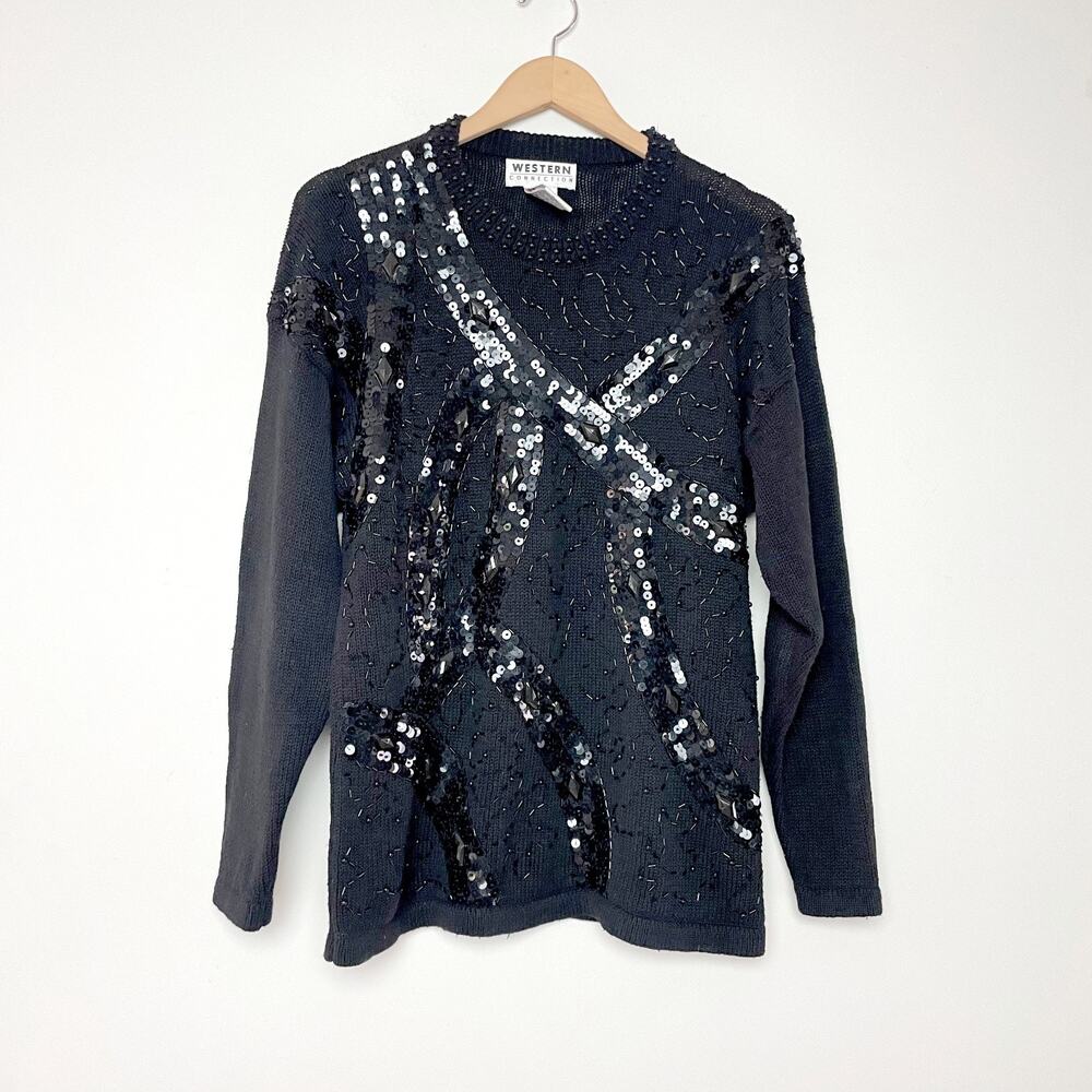 Vintage 80s 90s Glam Rock Disco Black Sequin Beaded Whimsigoth Sweater Sz M